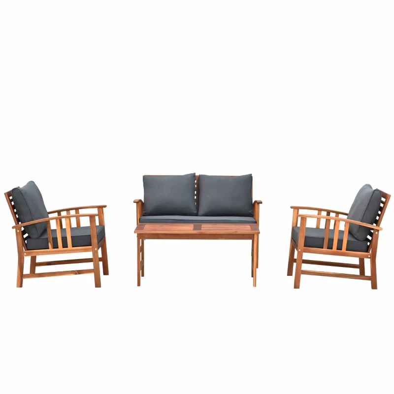 Outsunny 4er-Set Gartenmöbel Holz Sitzgruppe Garnitur Lounge mit Kissen Tisch Sessel Braun 3–4 Personen