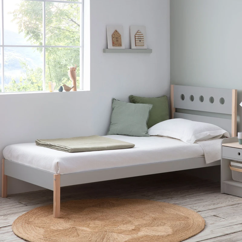 HOMCOM Lit Enfant 90 x 190 cm - Structure lit avec tête de lit et sommier à Lattes Inclus - pin Massif MDF Classe E1 Gris Clair