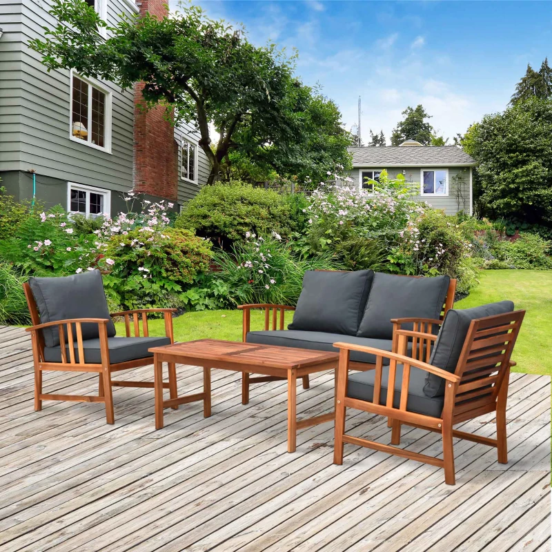 Outsunny 4er-Set Gartenmöbel Holz Sitzgruppe Garnitur Lounge mit Kissen Tisch Sessel Braun 3–4 Personen