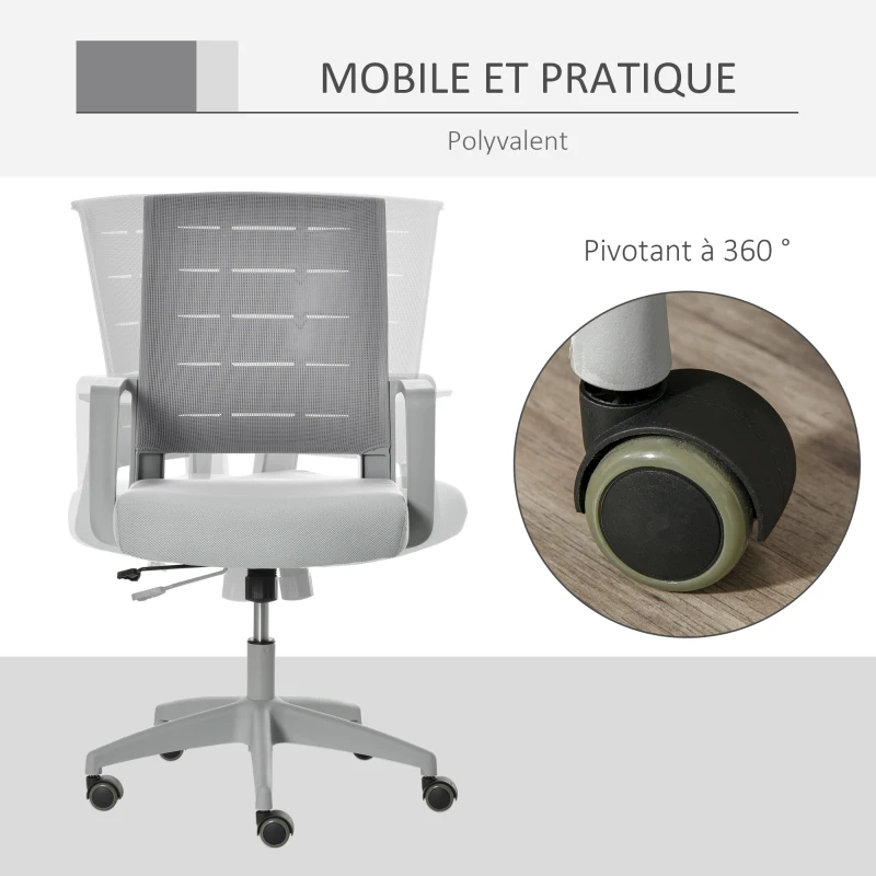 Vinsetto Chaise de Bureau Fauteuil de Bureau Ergonomique Hauteur réglable pivotante 360° revêtement Maille Gris