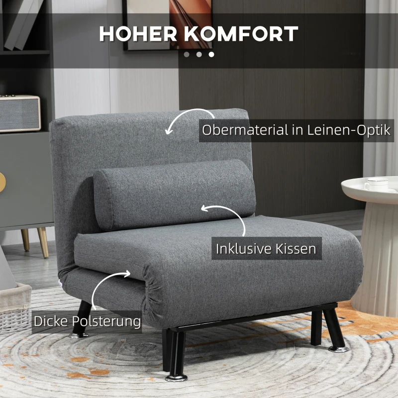 HOMCOM Opklapbed, slaapstoel, verstelbare rugleuning, staal, linnenlook, zwart, 75 x 70 x 75 cm(m-5)