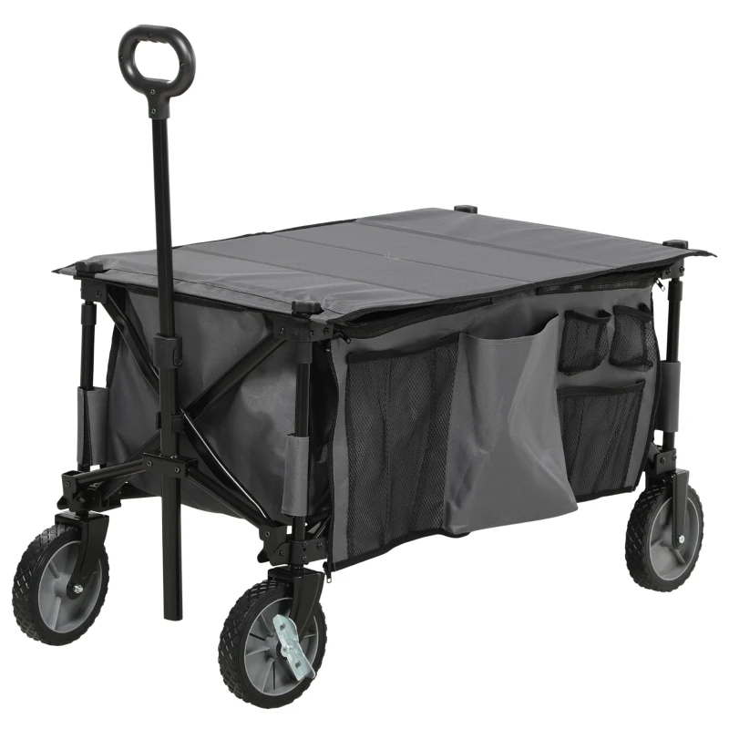 Outsunny Garden Trolley, Cargo Traile on Wheels, Folding Collapsible Camping Trolley, Outdoor Utility Wagon, Dark Grey
