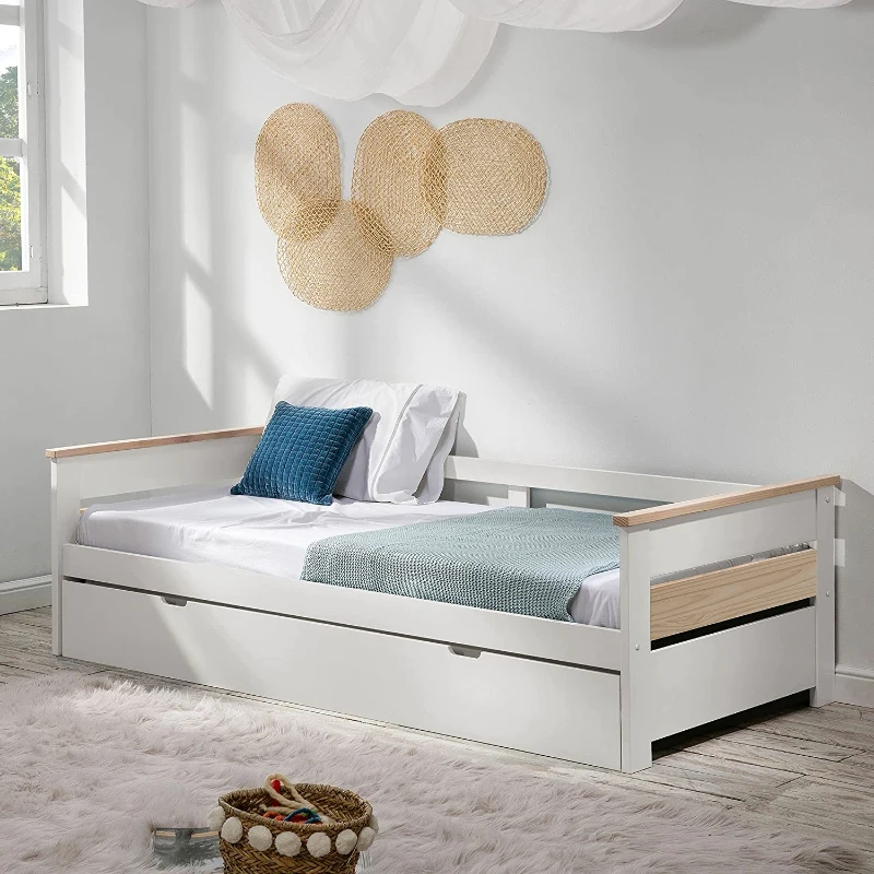 Lit gigogne enfant structure lit avec lit tiroir et sommiers blanc bois clair