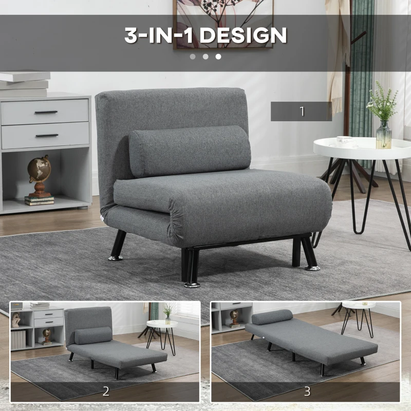 HOMCOM Opklapbed, slaapstoel, verstelbare rugleuning, staal, linnenlook, zwart, 75 x 70 x 75 cm(m-6)