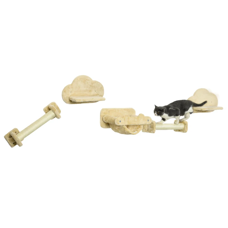 PawHut Katten trap, 5-delige set, 2 krabpalen, 2 platforms met pluche bekleding, hangmat, beige