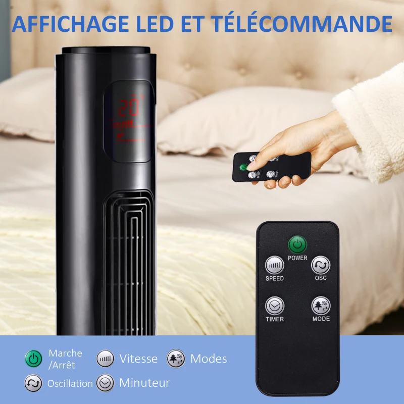 HOMCOM Ventilateur colonne silencieux 45 W 3 modes 3 vitesses télécommande oscillant 70° minuterie et affichage LED 96 cm noir