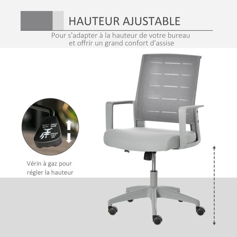 Vinsetto Chaise de Bureau Fauteuil de Bureau Ergonomique Hauteur réglable pivotante 360° revêtement Maille Gris