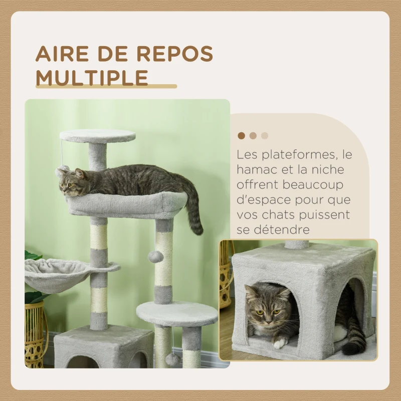 PawHut Arbre à chat hauteur 104 cm centre d'activités multi-niveaux colonnes renforcées 3 boules suspendues gris clair