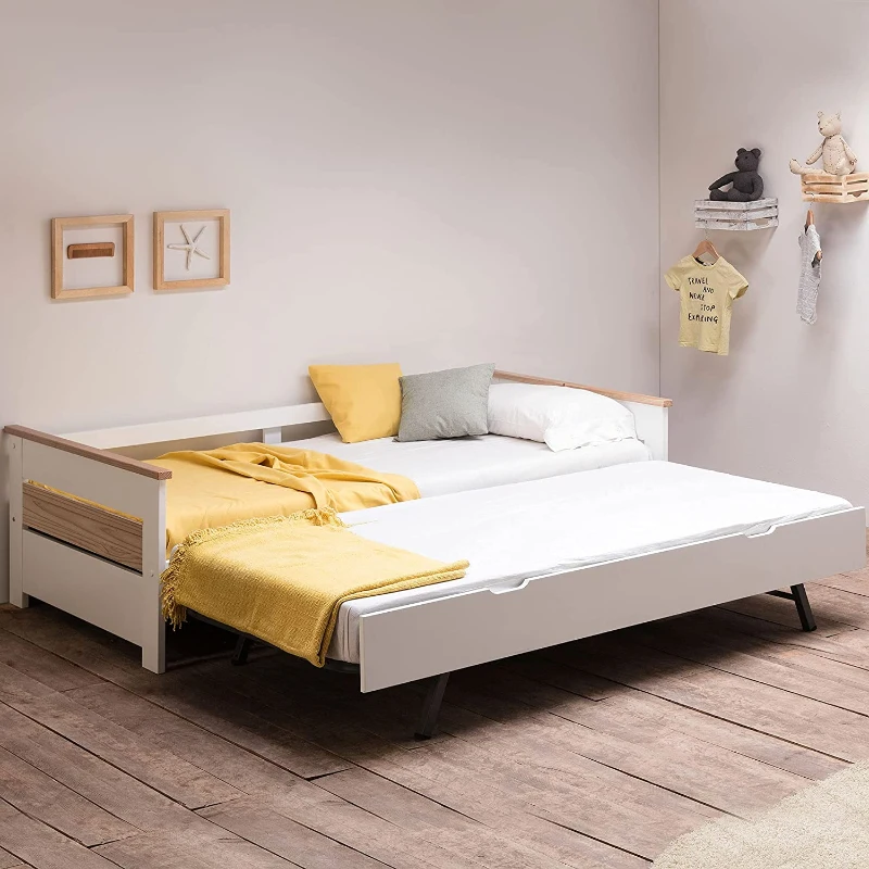 Lit gigogne enfant structure lit avec lit tiroir et sommiers blanc bois clair