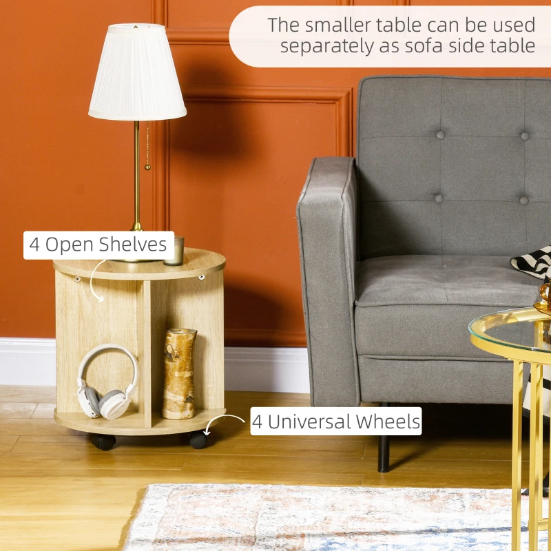 HOMCOM Set de 2 Mese de Cafea Rotunde, Set de Mese cu Masa de Cafea din Sticla, Noptiera pe Roti cu 4 Rafturi de Depozitare, Mese Laterale Moderne pentru Camera de Zi, Auriu, Stejar