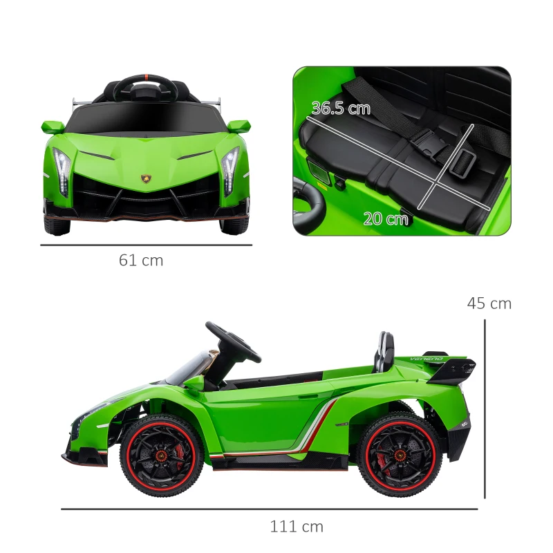 HOMCOM Lamborghini Veneno cu Licenta 12V Masinuta Electrica pentru Copii cu Usi Tip Fluture, Baterie Portabila, Masinuta Alimentata Electric cu Bluetooth, Telecomanda, Muzica, Claxon, Suspensii, pentru 3-6 ani - Verde