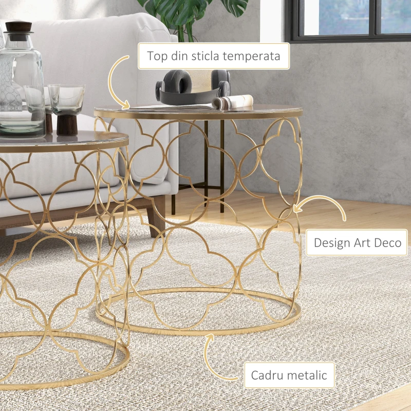 HOMCOM Set de 2 Masute pentru Salon care se pot Stivui Art Deco, Masute de Cafea din Metal cu Blat din Sticla Securizata, Auriu