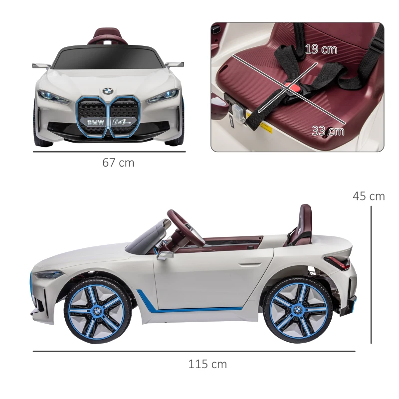HOMCOM Masinuta Electrica pentru Copii BMW i4 cu Licenta de 12V cu Telecomanda, Masina Alimentata Electric cu Baterii Portabile, Muzica, Claxon, Faruri, Slot MP3, Roti cu Suspensii, pentru Varste intre 3-6 ani - Alb(m-3)