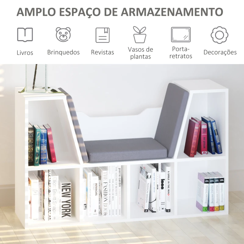 HOMCOM Estante com Assento 6 prateleiras em forma de cubo Livraria Infantil Original Sapateiro com Almofada Prateleira com bancada Multifinal 102x30x61cm