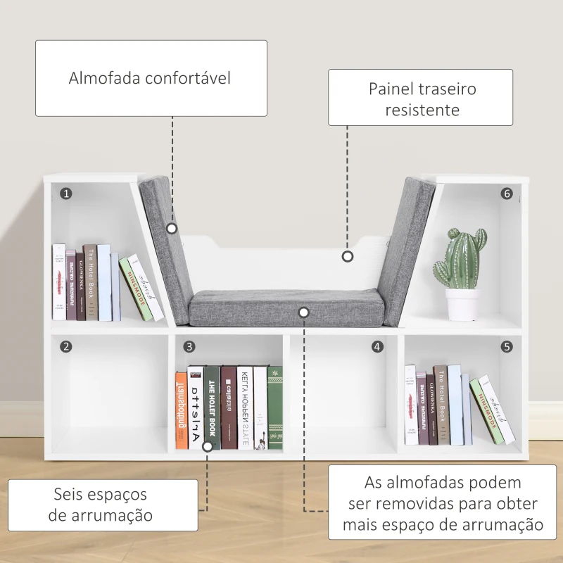 HOMCOM Estante com Assento 6 prateleiras em forma de cubo Livraria Infantil Original Sapateiro com Almofada Prateleira com bancada Multifinal 102x30x61cm
