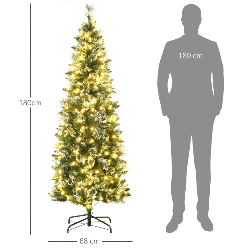 HOMCOM Brad de Craciun 180cm Artificial cu 240 Lumini LED si 618 Ramuri, Brad Acoperit cu Zapada Inalt si Ingust cu Postament din Otel