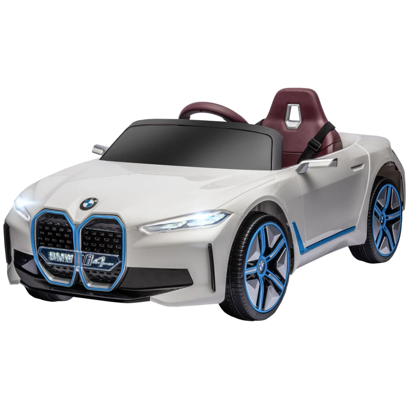 HOMCOM Masinuta Electrica pentru Copii BMW i4 cu Licenta de 12V cu Telecomanda, Masina Alimentata Electric cu Baterii Portabile, Muzica, Claxon, Faruri, Slot MP3, Roti cu Suspensii, pentru Varste intre 3-6 ani - Alb(m-10)