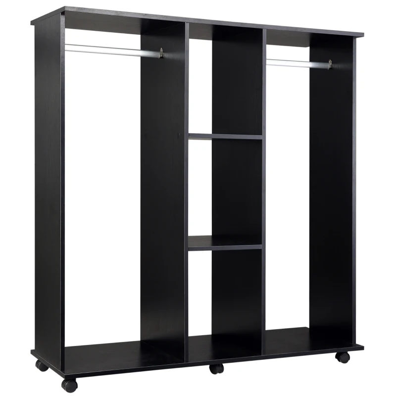 HOMCOM Roupeiro de Madeira Móvel Armário Roupeiro Aberto com 2 Barras para Pendurar e 3 Prateleiras Organizadoras 120x40x128cm Preto