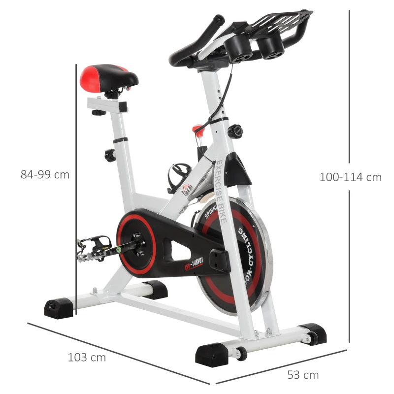 HOMCOM Bicicleta estática com tela LCD Sela ajustável Volante 8 kg Carga 100 kg 103x53x110-114 cm Branco
