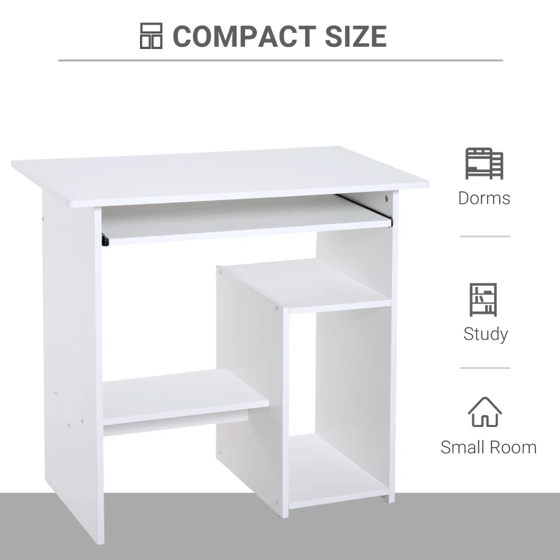 HOMCOM Compact Small Computer Table Wooden Desk Keyboard Tray Storage Shelf Modern Corner Table Home Office White