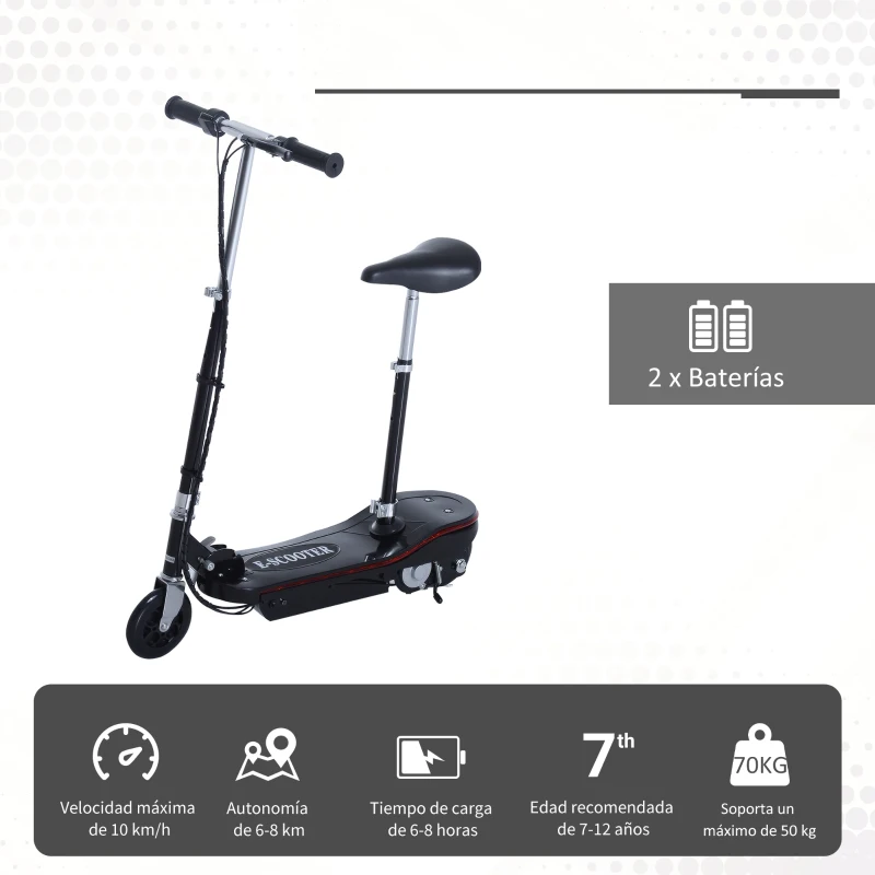 HOMCOM Patinete Eléctrico Plegable para Niños y Adolescentes de +7 Años Scooter con Luz LED Manillar Ajustable en Altura y Asiento Opcional Velocidad Max. de 10 km/h Carga 70 kg 76x38x80-96 cm Negro