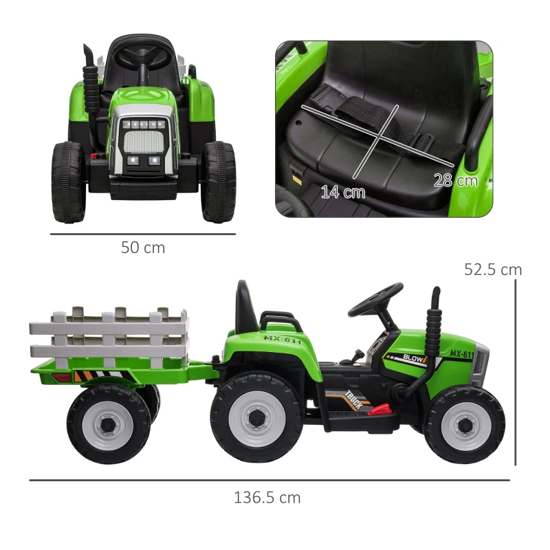 HOMCOM Tractor Electric cu Remorca Detasabila, Masinuta Electrica pe Baterii de 12V pentru Copii, cu Telecomanda, Sunet de Pornire, cu Muzica si Claxon, Lumini, pentru Varste intre 3-6 ani - Verde(m-3)