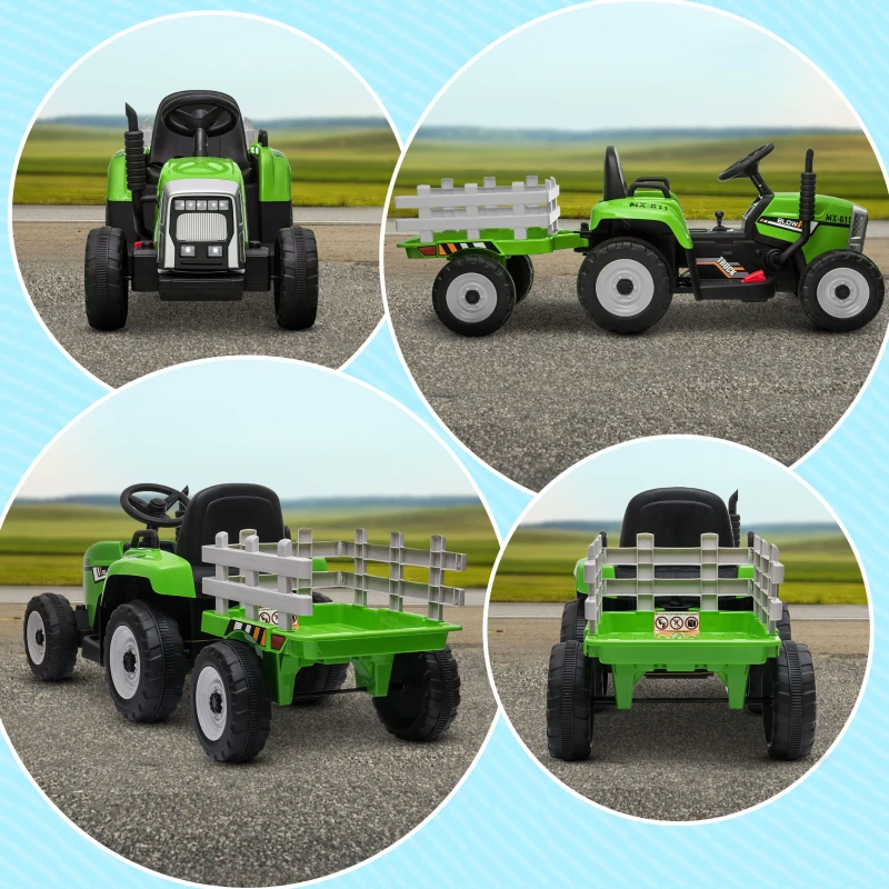 HOMCOM Tractor Electric cu Remorca Detasabila, Masinuta Electrica pe Baterii de 12V pentru Copii, cu Telecomanda, Sunet de Pornire, cu Muzica si Claxon, Lumini, pentru Varste intre 3-6 ani - Verde(m-9)