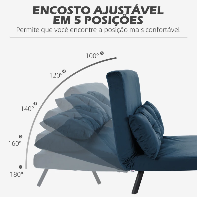 HOMCOM Sofá Cama Sofá Convertível em Cama de 2 Lugares Dobrável com Encosto Ajustável em 5 Níveis e 2 Almofadas 102x73x81 cm Azul
