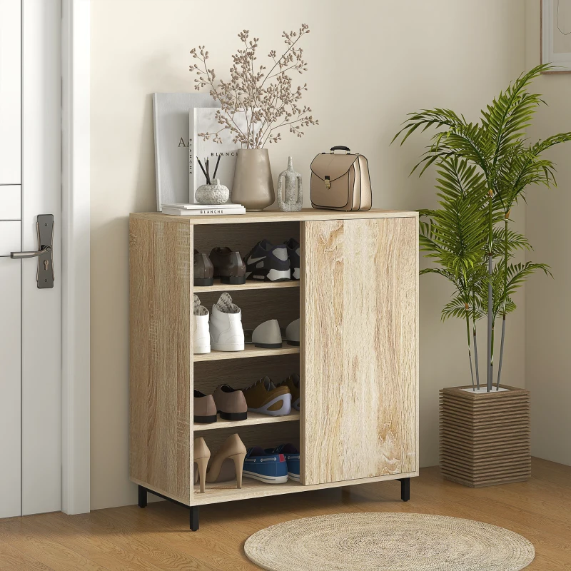HOMCOM Dulap pentru Pantofi pe 4 Niveluri din PAL și Oțel cu Ușă Glisantă și Rafturi Reglabile, 80x40x93 cm, Lemn Natural