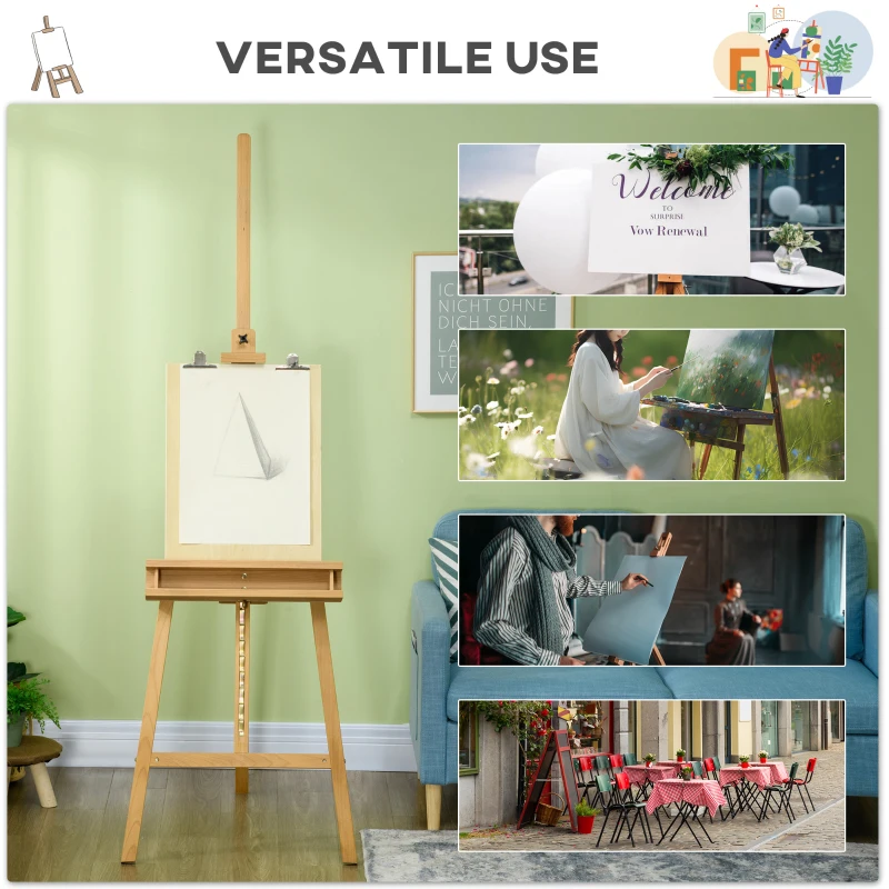 Vinsetto Sevalet pentru Pictura Pliabil din Lemn de Fag cu Inaltime si Inclinare Reglabile, 65x110x180-235 cm, Lemn natur