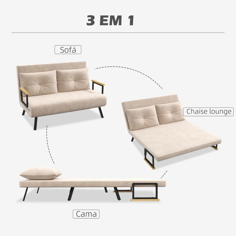 HOMCOM Sofá Cama Sofá Convertível em Cama de 2 Lugares Dobrável com Encosto Ajustável em 5 Níveis e 2 Almofadas 102x73x81 cm Bege