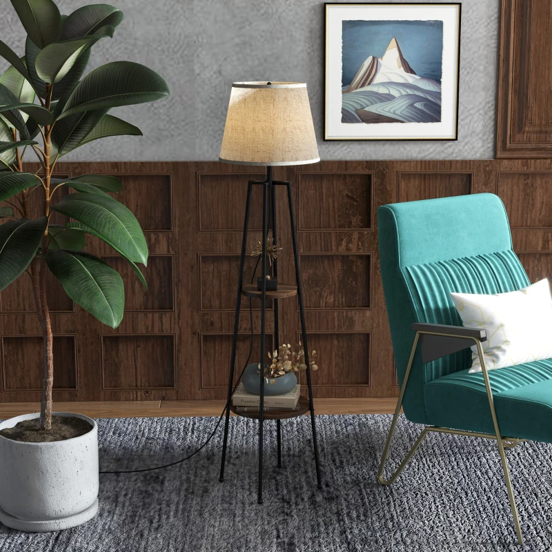 HOMCOM Lampa de Podea cu Rafturi, Lampi Moderne Inalte Independente pentru Camera de Zi, Dormitor, cu Abajur din Material Textil (Becul nu este Inclus), Nuc Maro si Maro Deschis