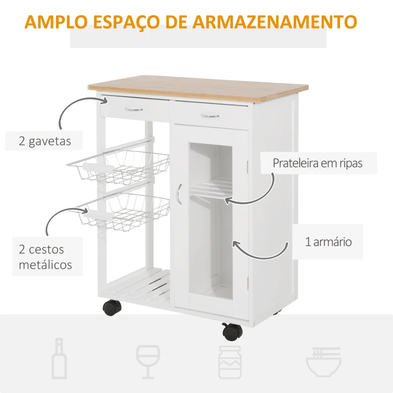 HOMCOM Carrinho de Cozinha de madeira com porta de vidro e 2 prateleiras e 4 rodinhas Branco 70x37x85 cm