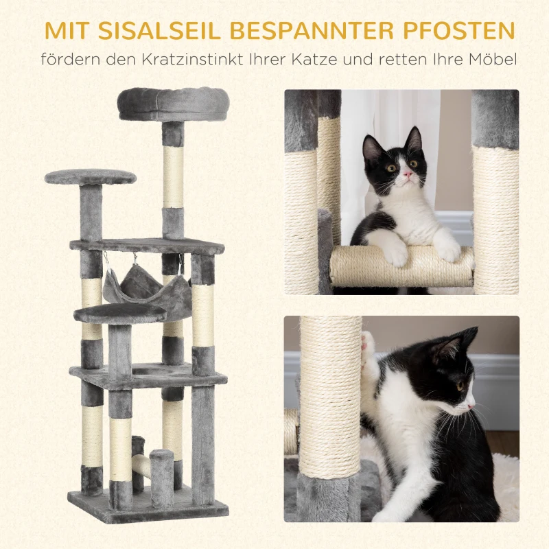 PawHut Katzenbaum Katzenkratzbaum Katzenspielturm Katzen Kletterbaum Kratzbaum Hängematte Grau L40 x B40 x H132 cm
