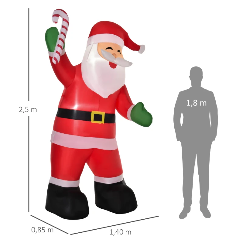 HOMCOM Aufblasbarer Weihnachtsmann mit LED-Beleuchtung inkl. Gebläse, Halteseilen, Bodenspieße, Sandsäcke,140cm x 85cm x 250cm