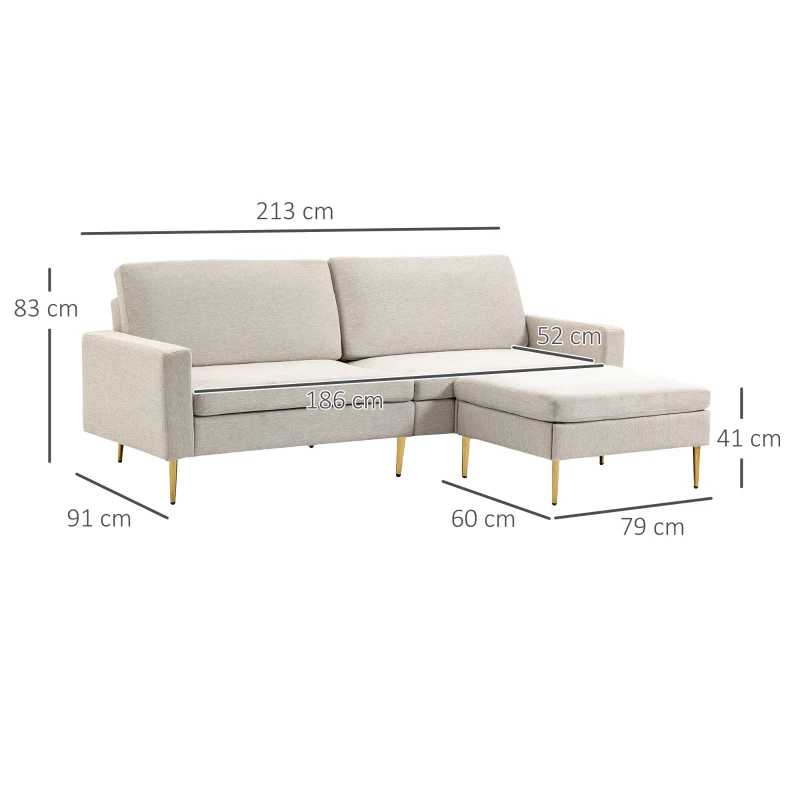 HOMCOM Divano Letto 3 Posti in Tessuto con Poggiapiedi e Schienale a 5 Reclinazioni, 213x91x83cm, Crema