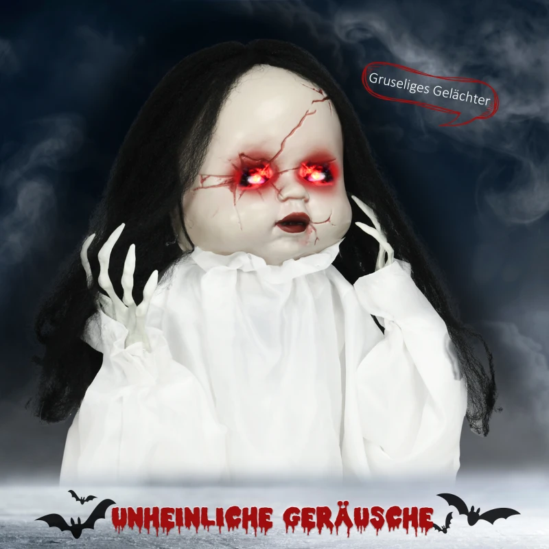 HOMCOM Halloween Dekoracja 60cm Skacząca Lalka Morderca z Czerwonymi Oczami, Dźwięk