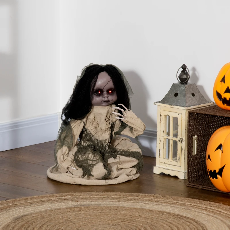 Outsunny Halloween-decoratie van 83 cm Bewegende spookpop met speciale effecten en geluidsfunctie, rode ogen met kroonluchters, gemotoriseerde wielen, horrorpop