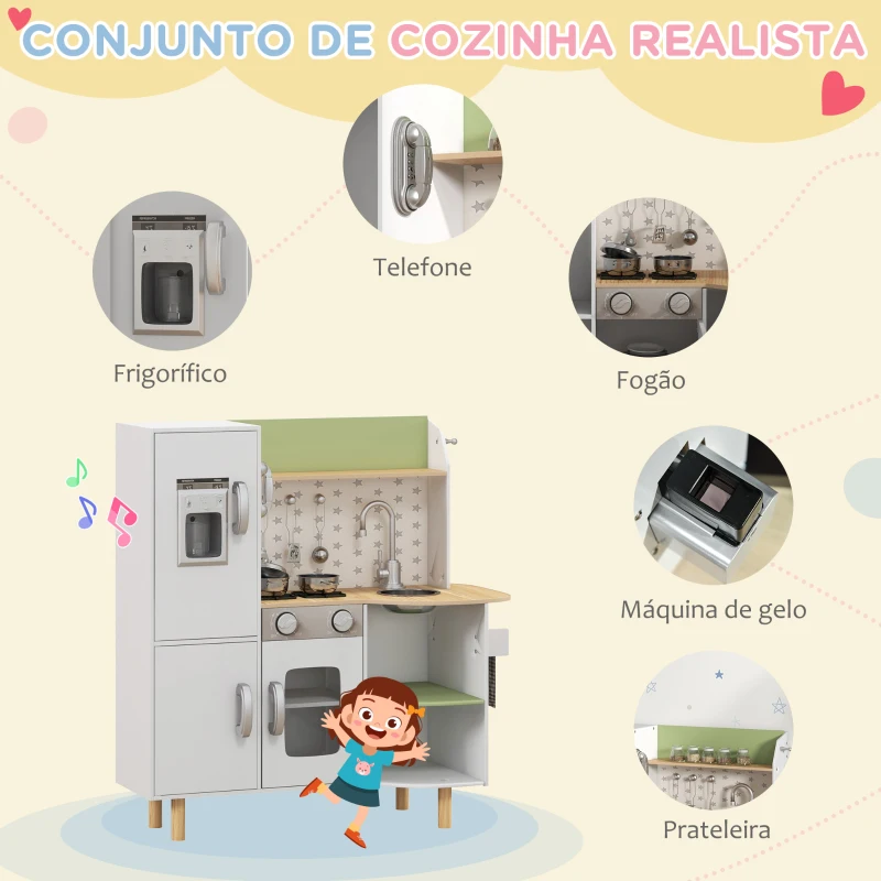 AIYAPLAY Cozinha de Madeira para Crianças com Máquina de Gelo Lavatório de Aço Inoxidável e Utensílios 84x34x89 cm Branco