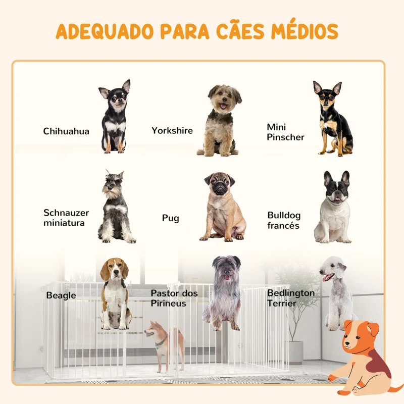 PawHut Parque para Cães de 8 Painéis 64x90 cm Dobrável de Aço com Duplo Travamento Função de Bloqueio e Formato Modular Branco