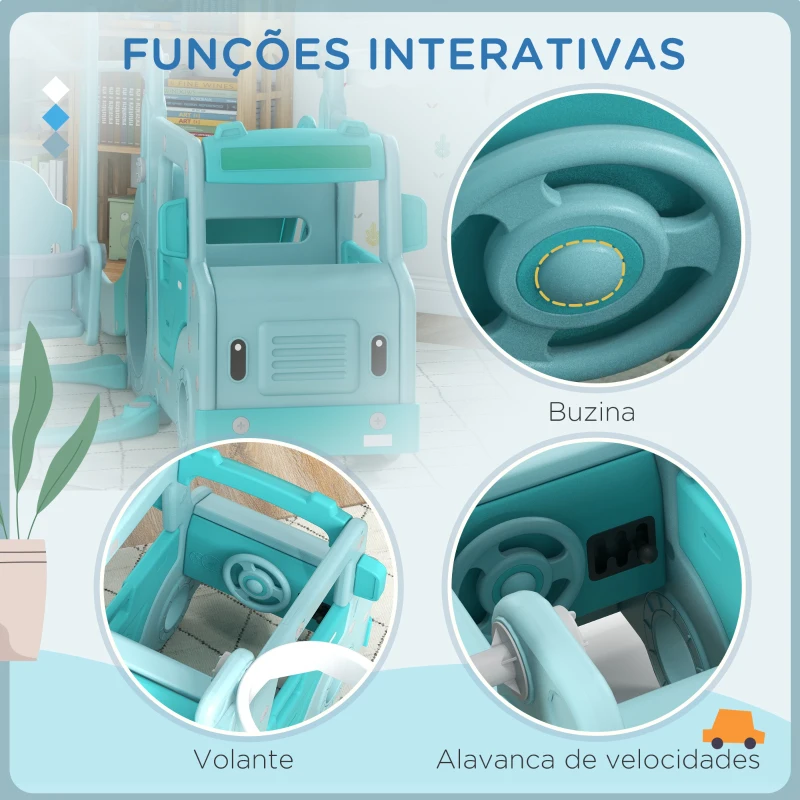 AIYAPLAY Conjunto de Escorrega e Baloiço para Crianças 6 em 1 com Buzina e Cesta de Basquetebol 201x151x87,5 cm Azul Claro