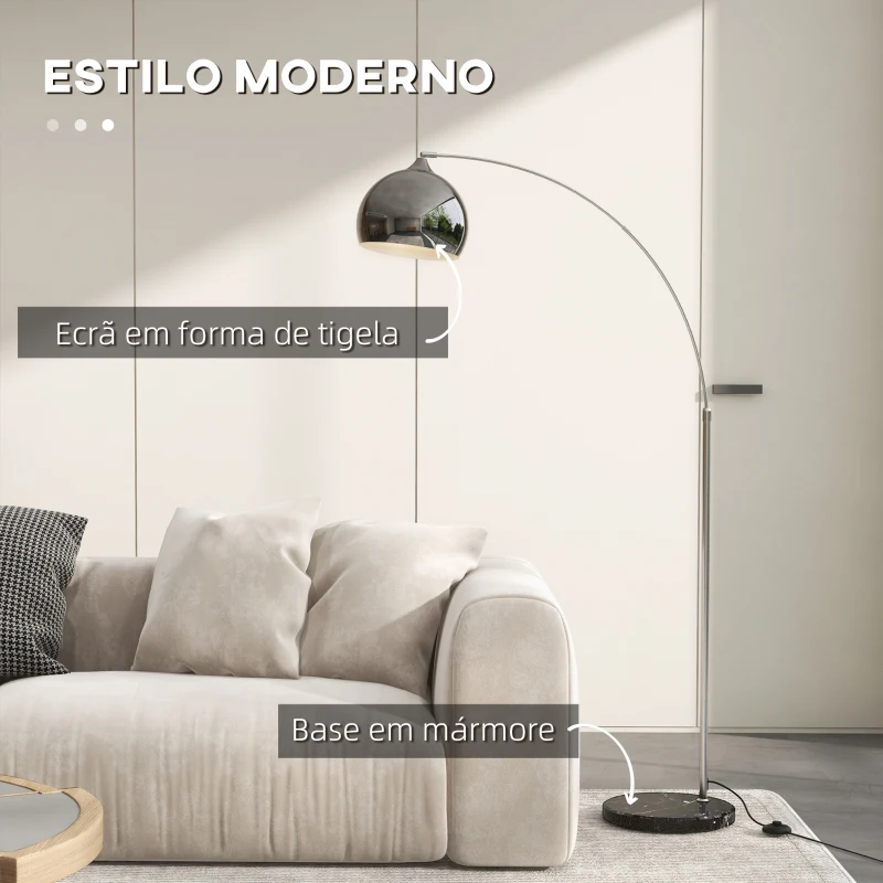 HOMCOM Candeeiro de Pé em Forma de Arco com Altura e Comprimento Ajustáveis com Interruptor de Pé 110-115x30x170-180 cm Prata e Preto