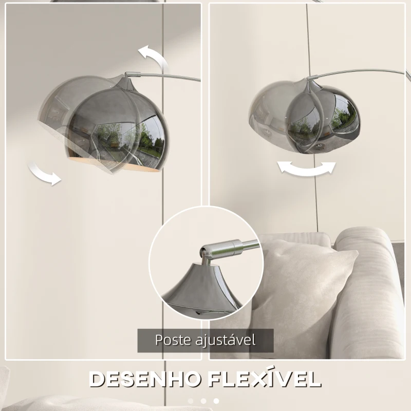 HOMCOM Candeeiro de Pé em Forma de Arco com Altura e Comprimento Ajustáveis com Interruptor de Pé 110-115x30x170-180 cm Prata e Preto