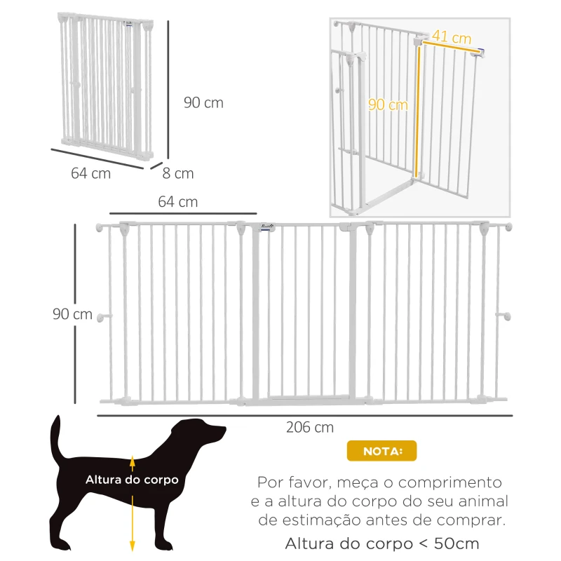 PawHut Barreira para Cães de Aço Barreira de Segurança para Animais de Estimação Dobrável de 3 Painéis Duplo Fechamento 206x90 cm Branco