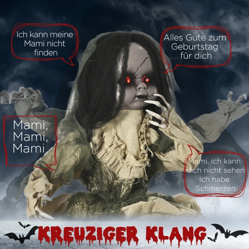 Outsunny Halloween-decoratie van 83 cm Bewegende spookpop met speciale effecten en geluidsfunctie, rode ogen met kroonluchters, gemotoriseerde wielen, horrorpop