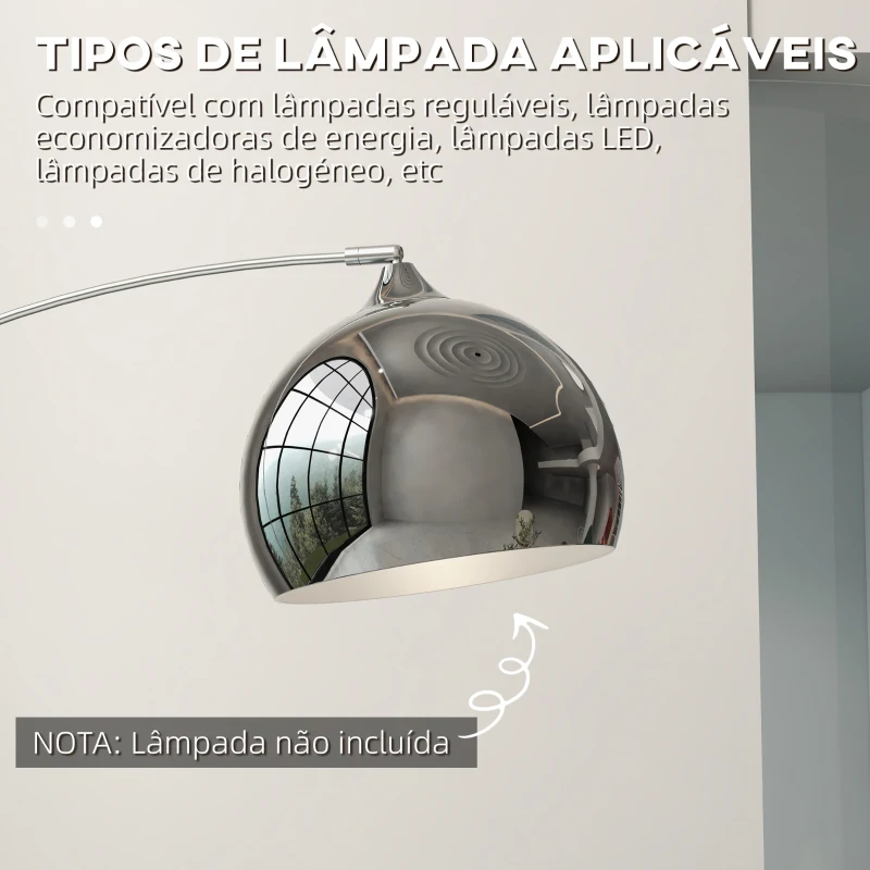 HOMCOM Candeeiro de Pé em Forma de Arco com Altura e Comprimento Ajustáveis com Interruptor de Pé 110-115x30x170-180 cm Prata e Preto