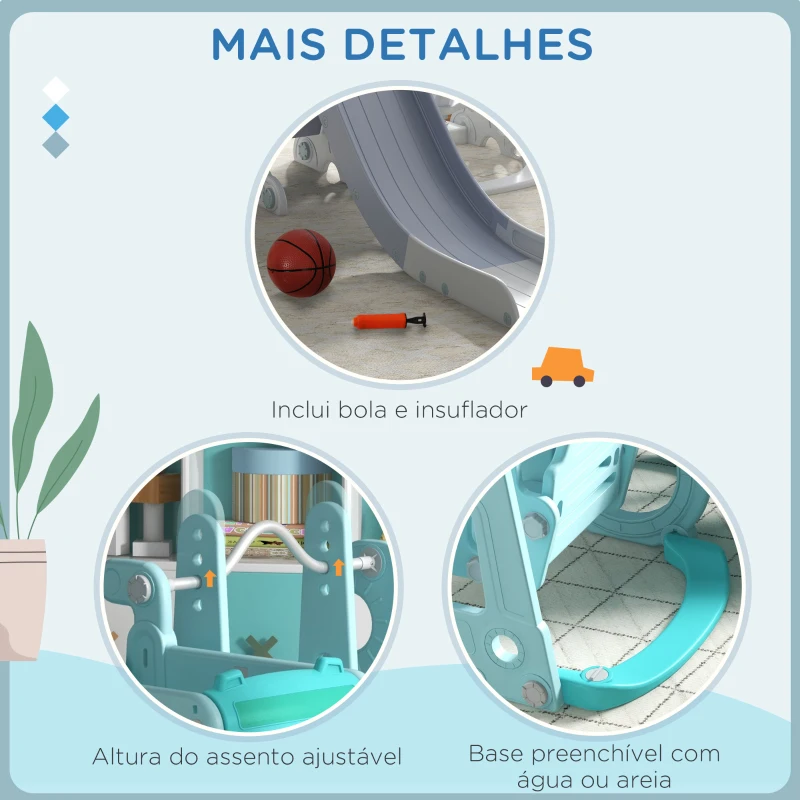 AIYAPLAY Conjunto de Escorrega e Baloiço para Crianças 6 em 1 com Buzina e Cesta de Basquetebol 201x151x87,5 cm Azul Claro
