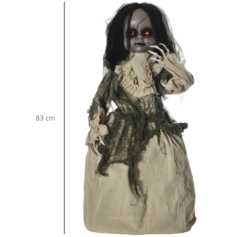 Outsunny Halloween-decoratie van 83 cm Bewegende spookpop met speciale effecten en geluidsfunctie, rode ogen met kroonluchters, gemotoriseerde wielen, horrorpop