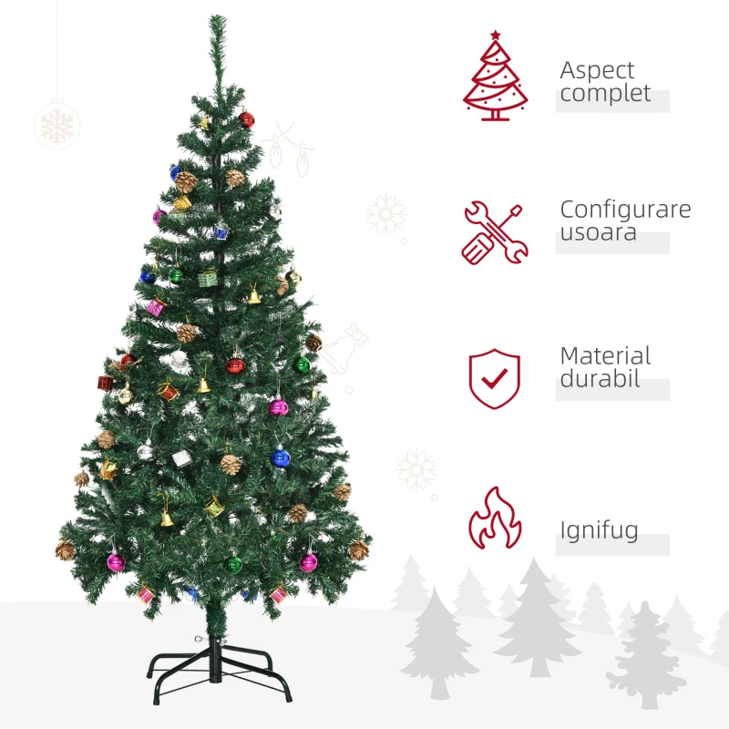 HOMCOM Brad de Craciun 150cm cu Globuri si Decoratiuni, verde