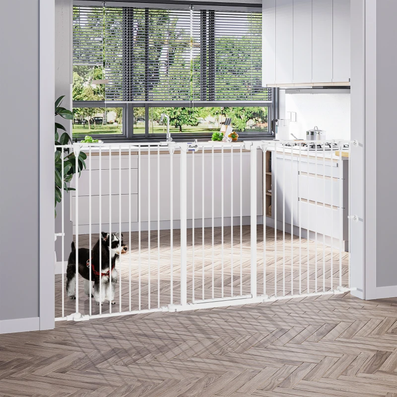 PawHut Barreira para Cães de Aço Barreira de Segurança para Animais de Estimação Dobrável de 3 Painéis Duplo Fechamento 206x90 cm Branco